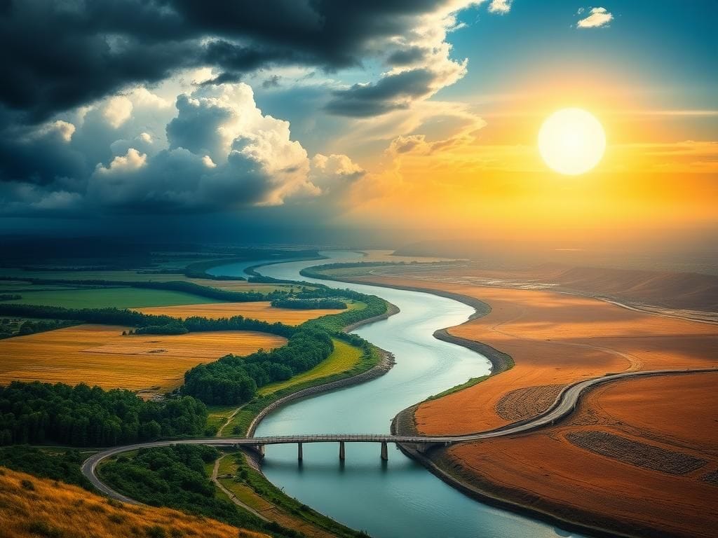 Flick International A serene landscape divided by a winding river symbolizing hope and division