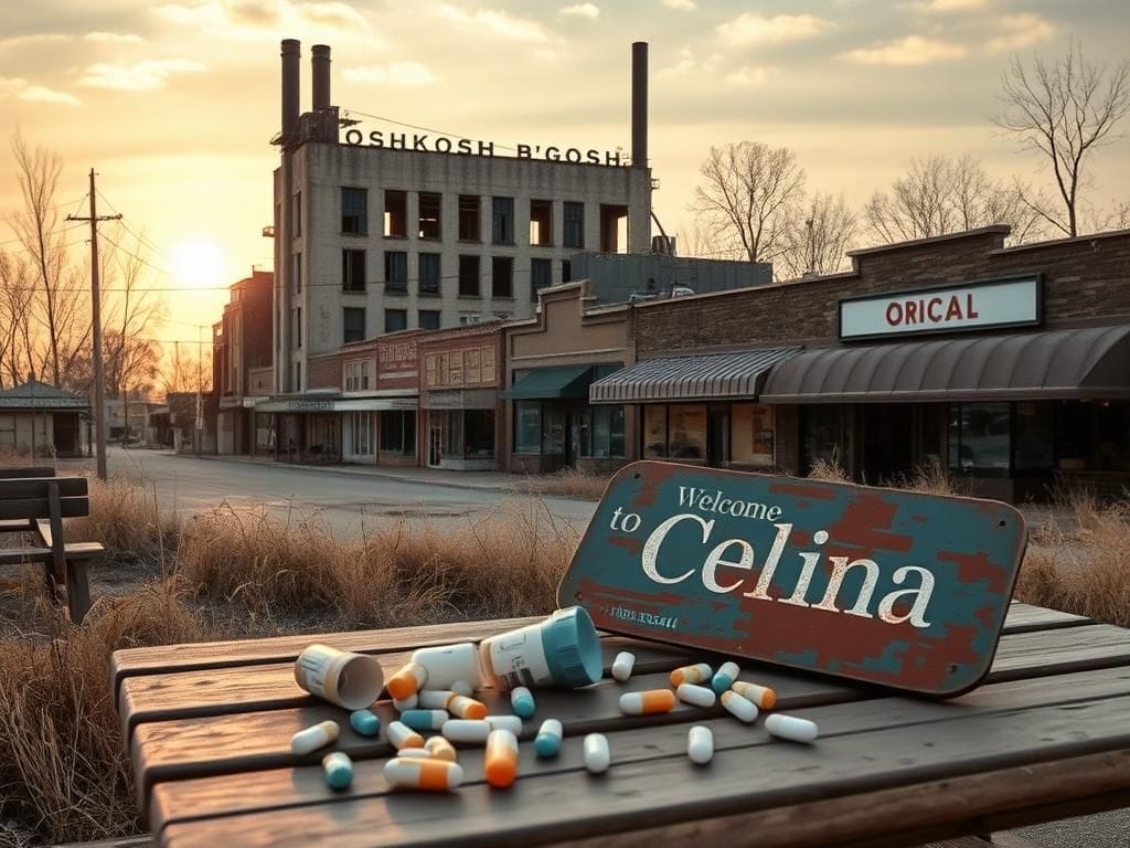 Flick International Desolate rural American town with dilapidated factory and abandoned storefronts