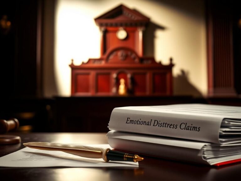 Flick International A dramatic courtroom scene with an empty wooden bench, gavel, and legal documents representing emotional distress claims