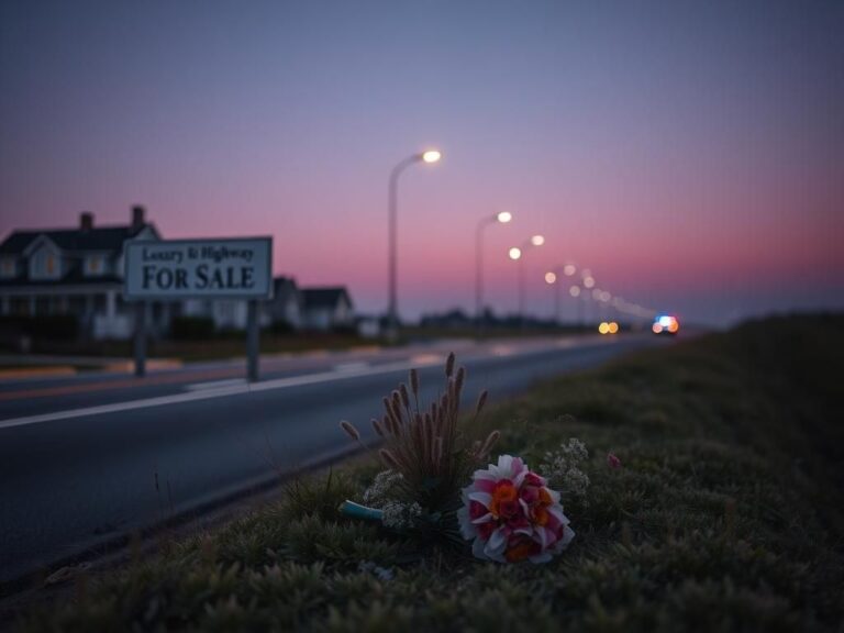 Flick International A deserted Montauk Highway at dusk with a luxury real estate sign and a memorial bouquet
