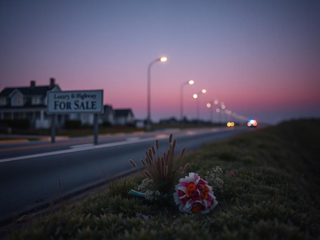 Flick International A deserted Montauk Highway at dusk with a luxury real estate sign and a memorial bouquet