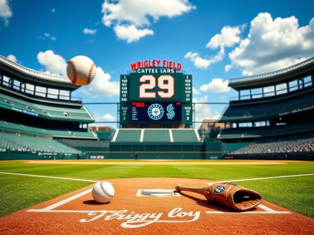 Flick International Dynamic baseball scene at Wrigley Field with home plate, bat, and ball.