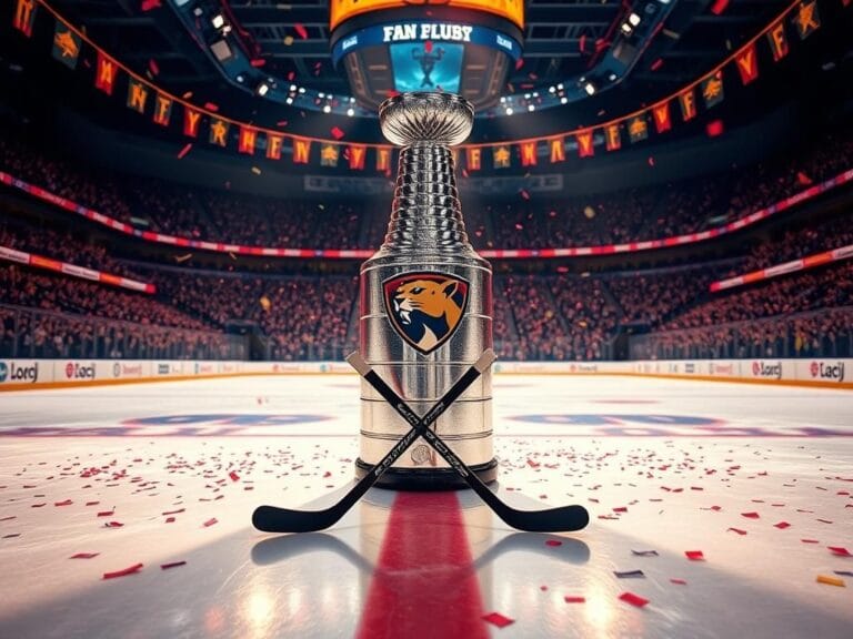 Flick International Celebrating Florida Panthers' second Stanley Cup victory with trophy on ice