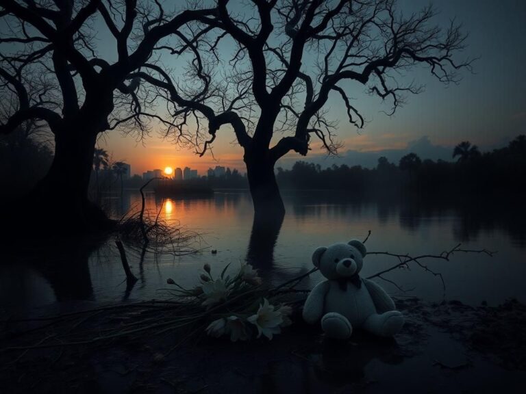 Flick International A somber bayou scene with wilted flowers and a teddy bear symbolizing loss