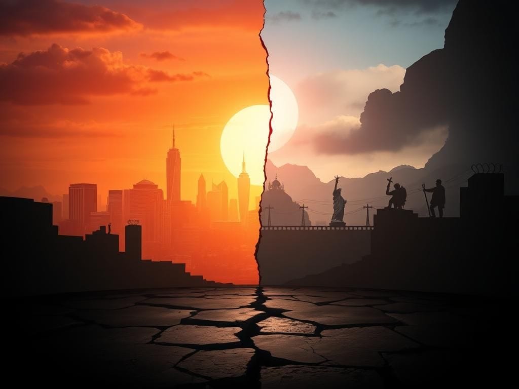 Flick International A split landscape illustrating the clash of ideas in America, featuring a vibrant skyline and a shadowy landscape.