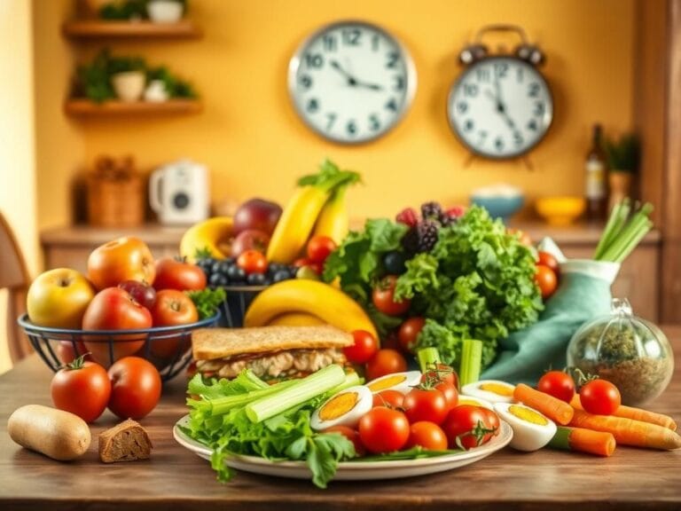 Flick International A vibrant kitchen table set with fresh, whole foods including fruits, vegetables, and a sandwich, symbolizing healthy eating.