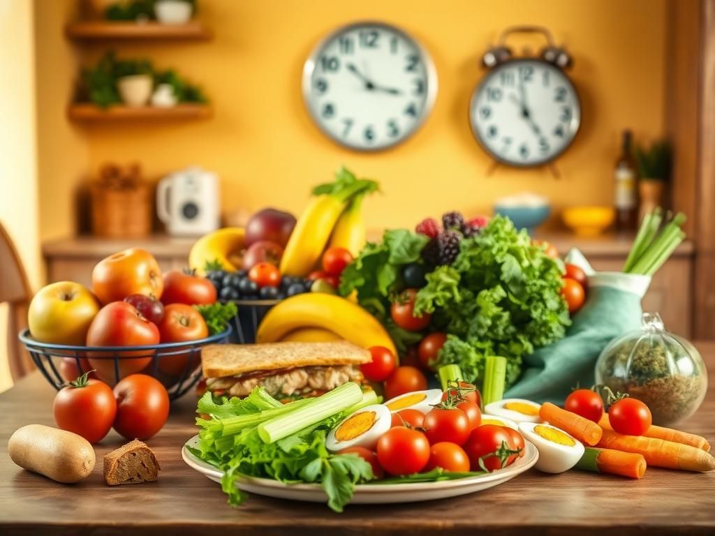 Flick International A vibrant kitchen table set with fresh, whole foods including fruits, vegetables, and a sandwich, symbolizing healthy eating.