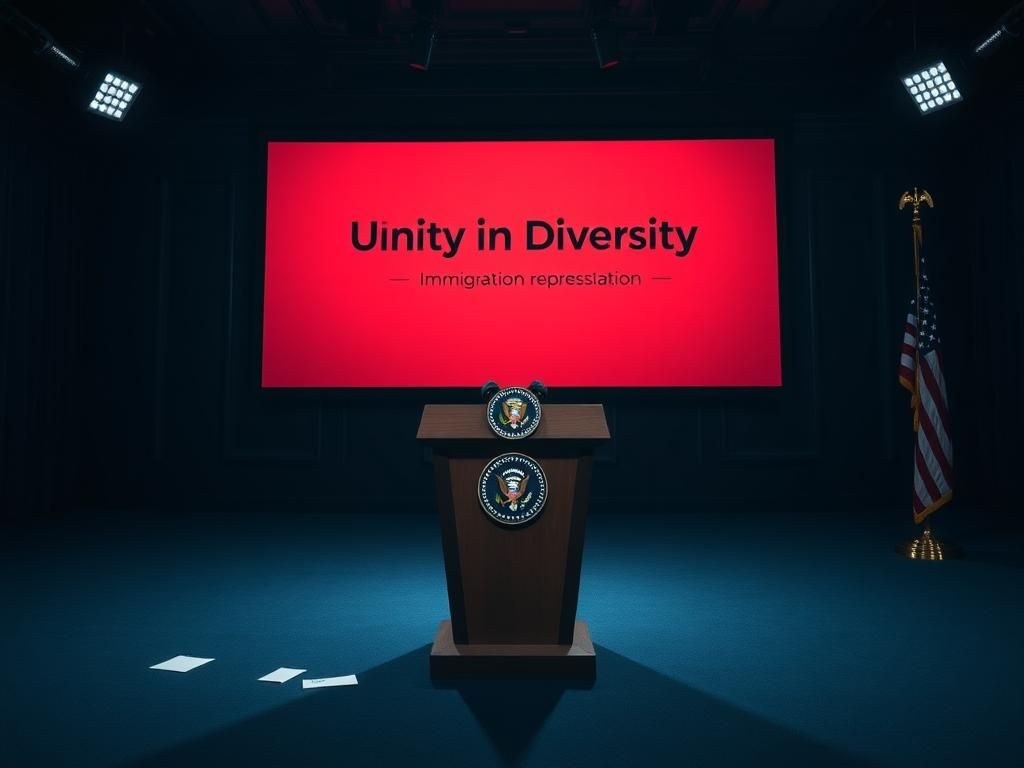 Flick International A large, empty press conference room with a podium and the emblem of the U.S. government