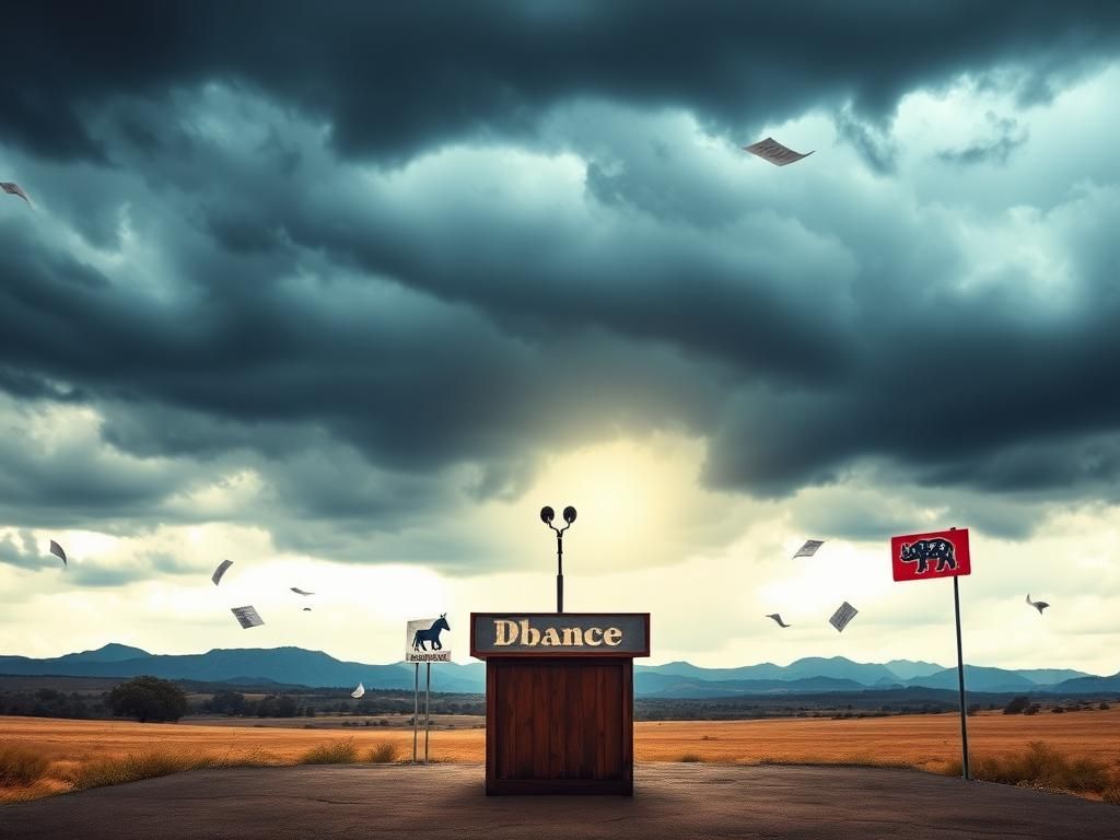 Flick International A dramatic sky over a barren stage with political symbols representing California's debate challenge