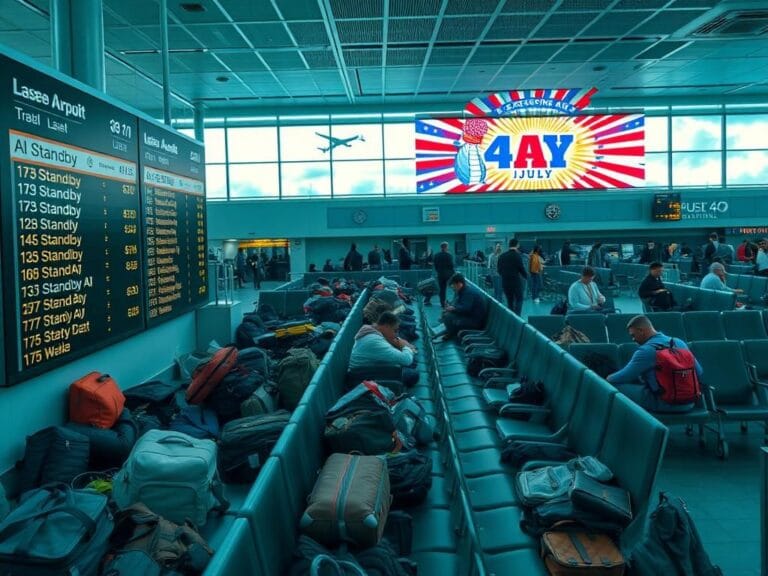 Flick International A crowded airport terminal with a digital flight information board displaying standby statuses for various flights.