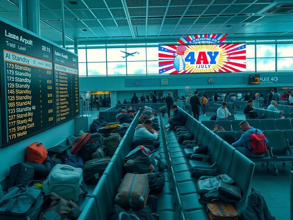 Flick International A crowded airport terminal with a digital flight information board displaying standby statuses for various flights.