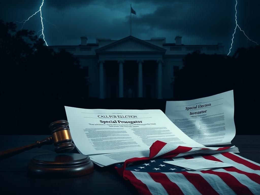 Flick International Dramatic scene of the White House with an empty courtroom in the foreground, representing the call for election investigation.