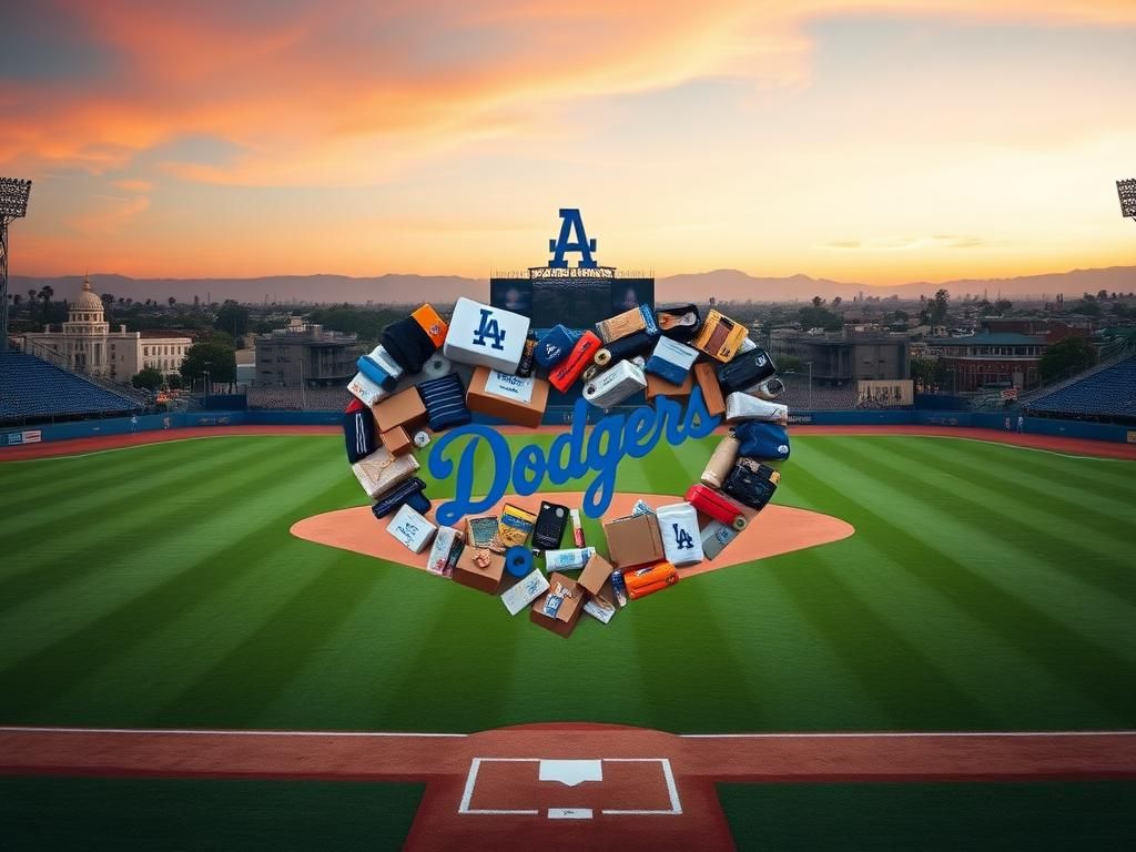 Flick International Symbolic heart made of supportive items on a vibrant baseball field with Dodger Stadium in the background