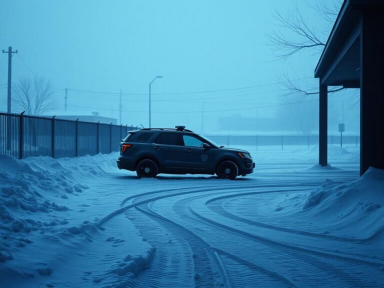 Flick International Snowy police sallyport with a dark SUV parked, indicating recent activity