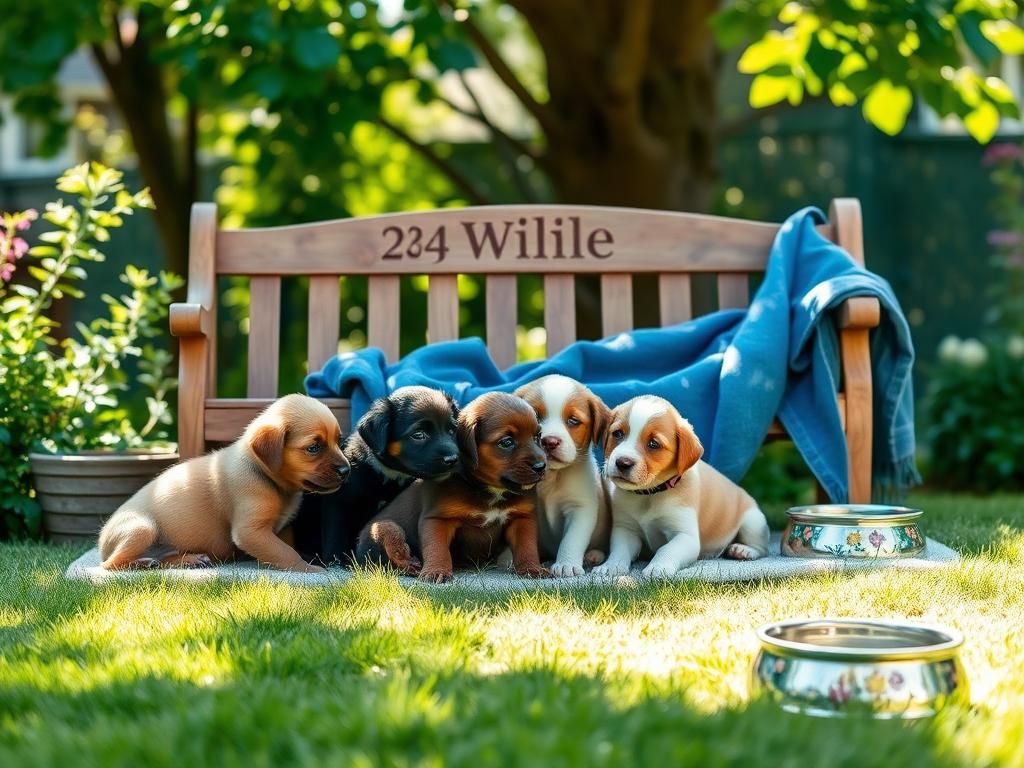 Flick International Four playful puppies of varying breeds nestled together on a soft patch of grass in a lush garden