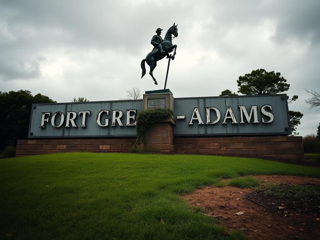 Flick International Weathered nameplate of Fort Gregg-Adams with a statue of a horseman in the foreground