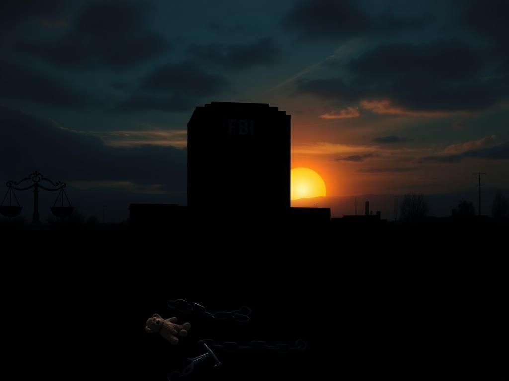 Flick International Ominous landscape symbolizing the fight against child predators with an imposing FBI headquarters silhouette.