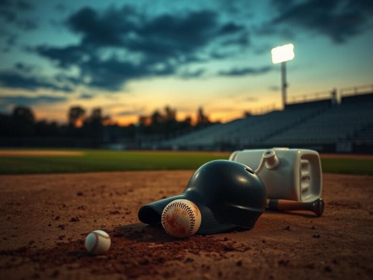 Flick International Dramatic scene of an abandoned baseball field at twilight with scattered dirt and a bloodied cap