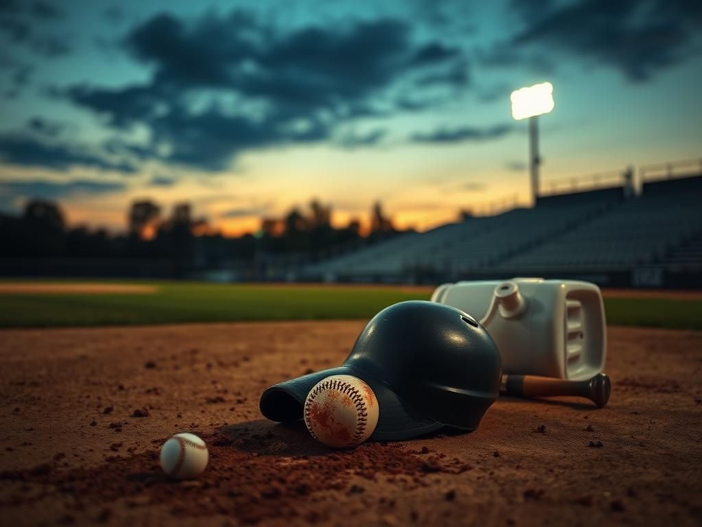 Flick International Dramatic scene of an abandoned baseball field at twilight with scattered dirt and a bloodied cap