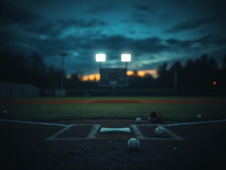 Flick International Dimly lit baseball field at dusk symbolizing solitude and abandonment