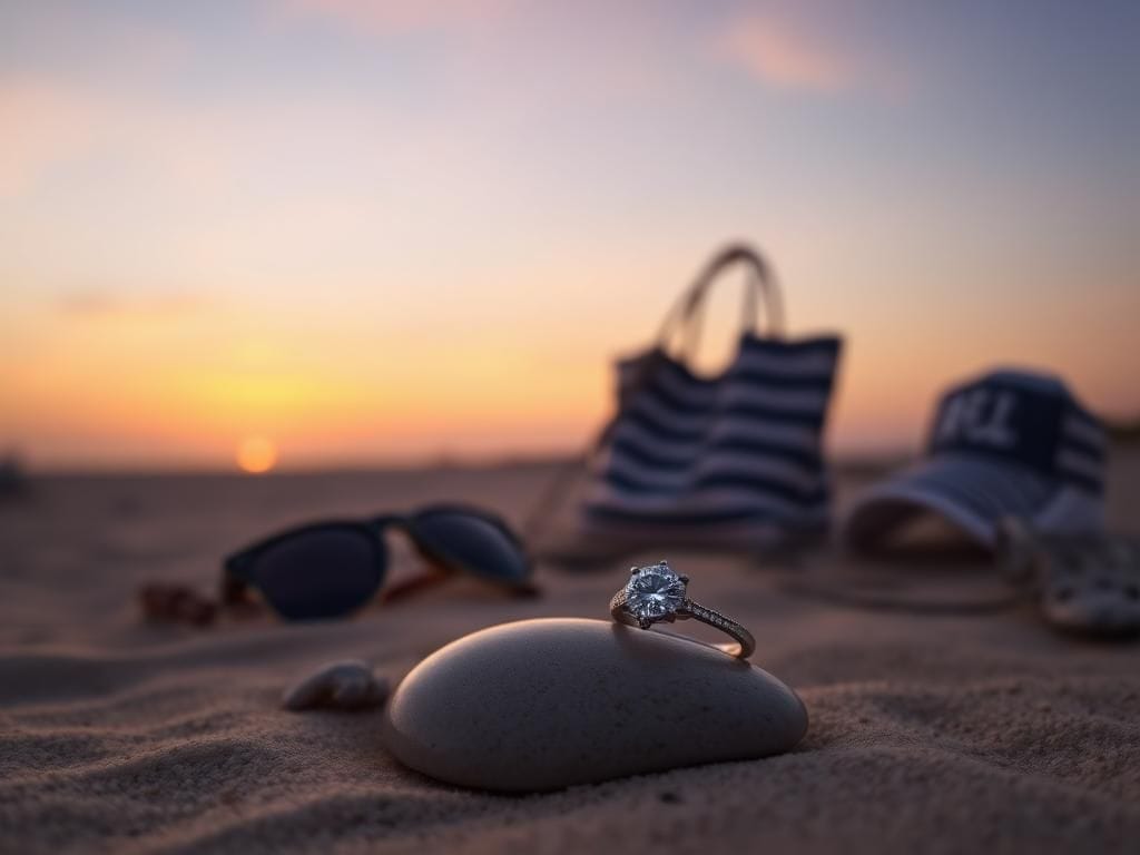 Flick International Elegant engagement ring on a pebble at sunset beach