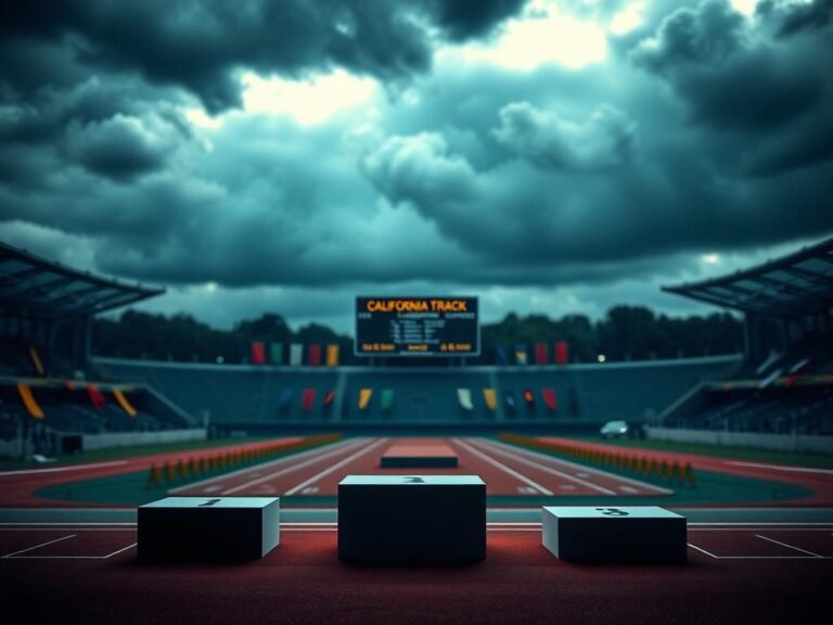 Flick International Empty track and field stadium in California with vacant podiums symbolizing competition and achievement