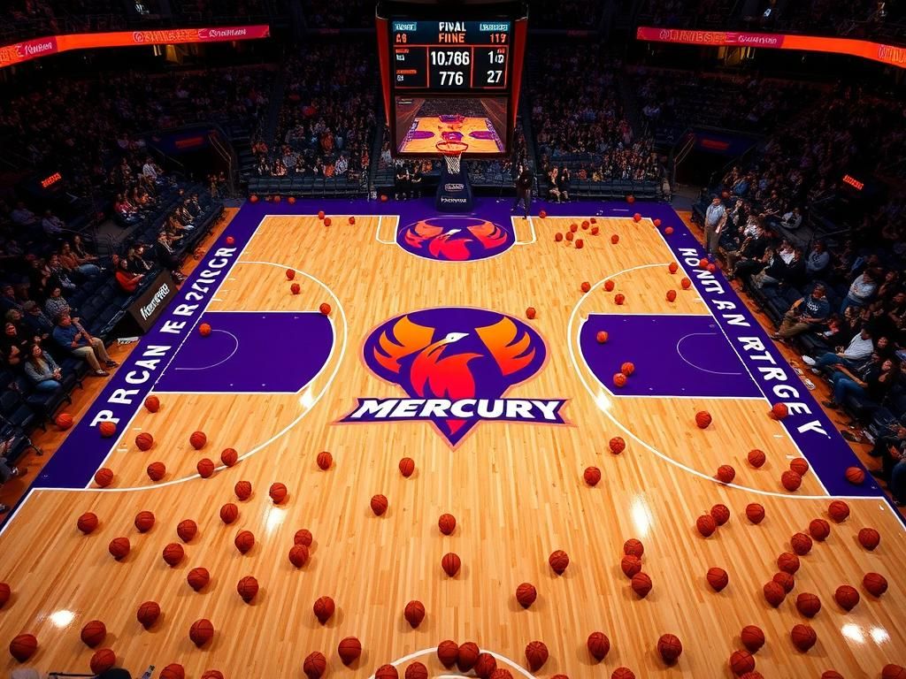 Flick International Dynamic basketball court scene featuring the Phoenix Mercury logo with scattered basketballs.