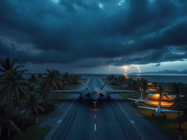 Flick International A B-2 stealth bomber positioned for takeoff at a military airbase surrounded by palm trees under a dramatic sky.