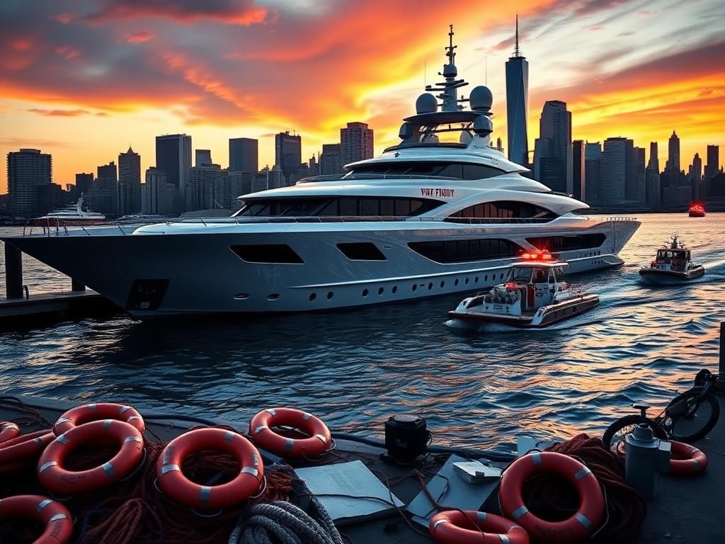 Flick International A large luxury mega-yacht with visible damage, partially docked at a Manhattan waterfront during sunset.