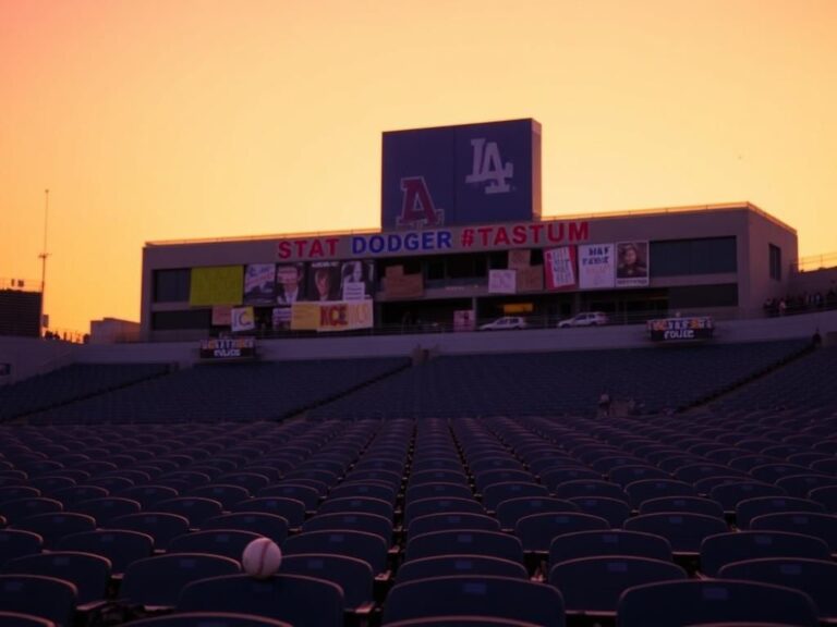 Flick International Empty Dodger Stadium seats illuminated by the sunset, with protest signs in the background