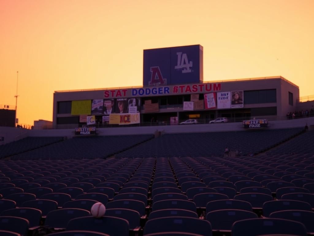 Flick International Empty Dodger Stadium seats illuminated by the sunset, with protest signs in the background