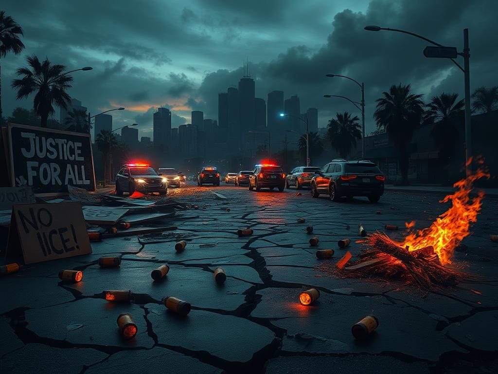 Flick International Urban landscape of Los Angeles depicting chaos with protest debris and damaged streets