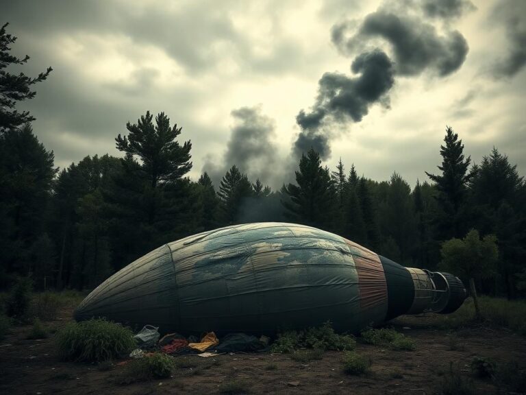 Flick International Deflated hot-air balloon surrounded by charred remnants in a wooded area