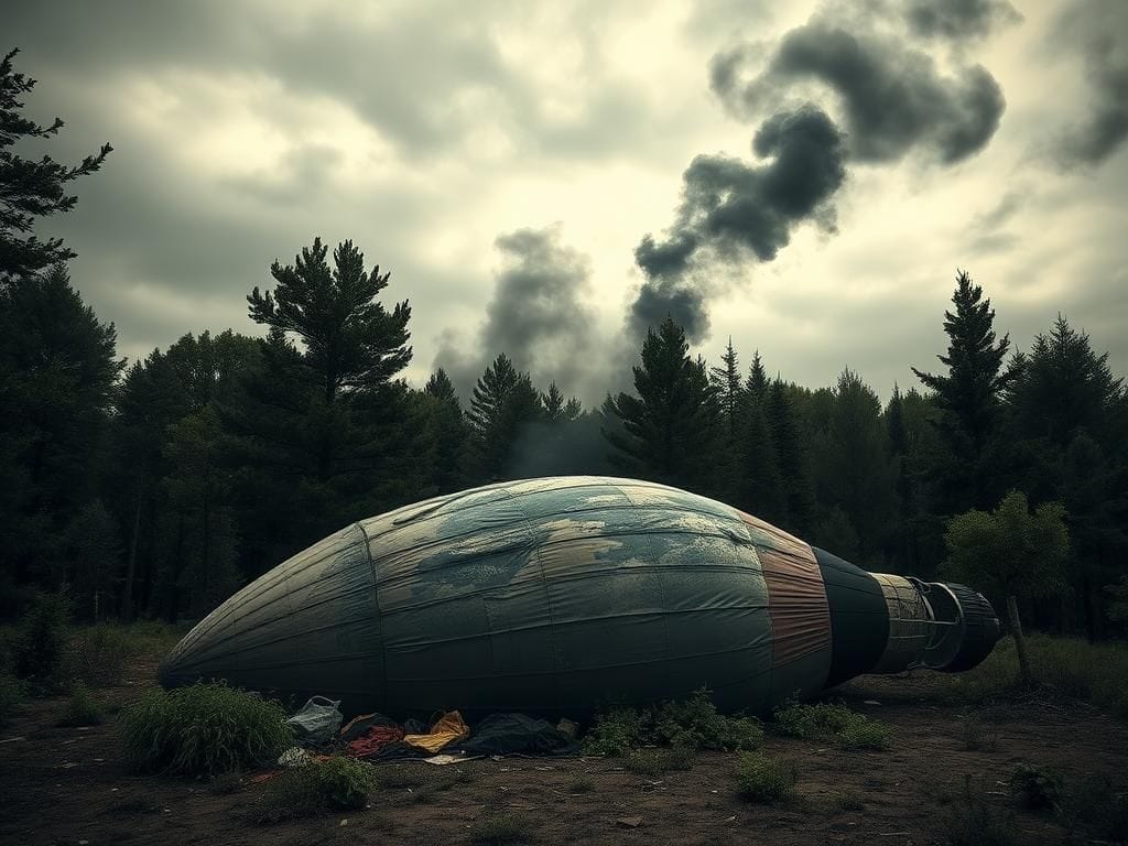 Flick International Deflated hot-air balloon surrounded by charred remnants in a wooded area