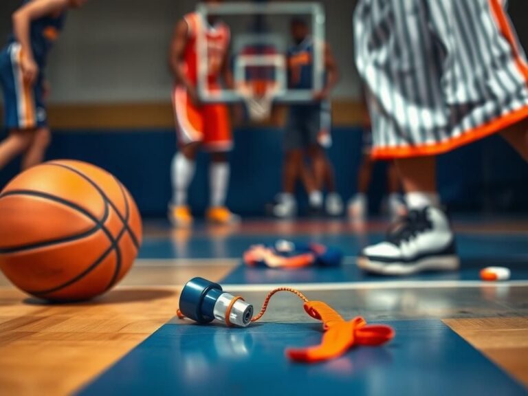 Flick International Close-up of a basketball and a referee's whistle on the court, symbolizing tension in a game.