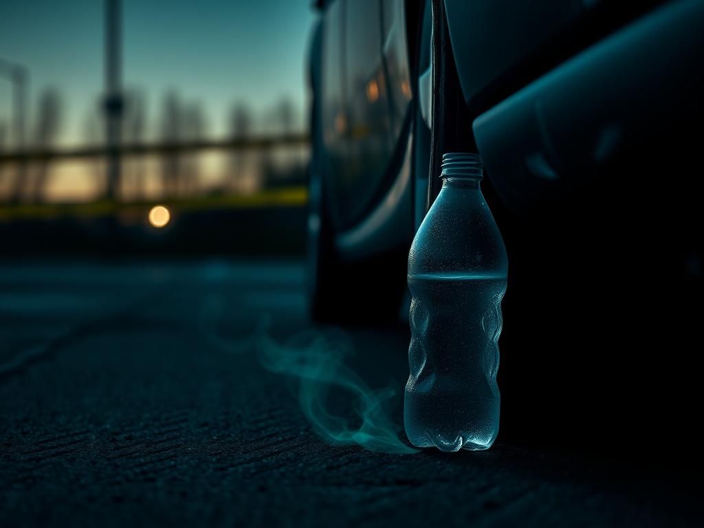 Flick International Close-up of a suspicious water bottle partially hidden under a car tire in a dimly lit parking lot