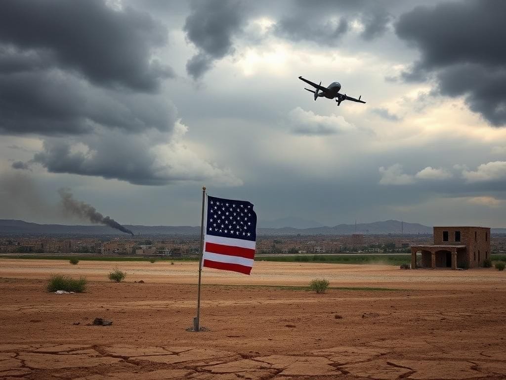 Flick International Dramatic stormy landscape over a war-torn Middle Eastern city with an American flag at half-mast