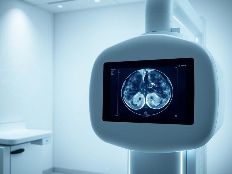 Flick International A serene medical imaging environment with a high-tech mammography machine displaying digital scan images.