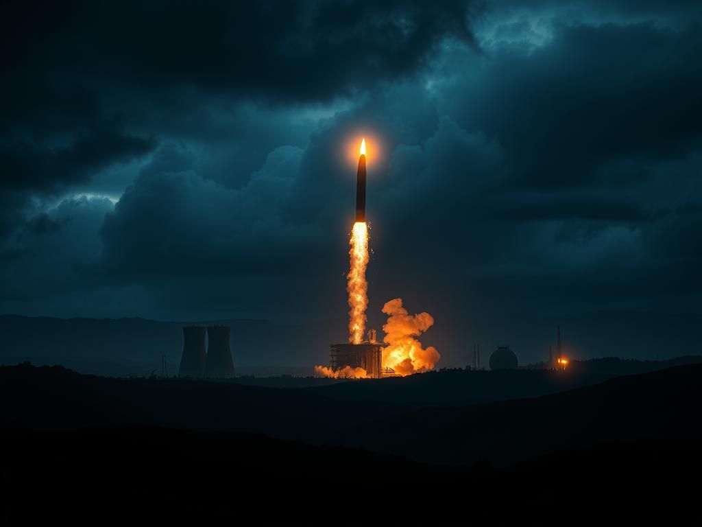 Flick International Silhouette of Iranian nuclear facilities under missile attack at night