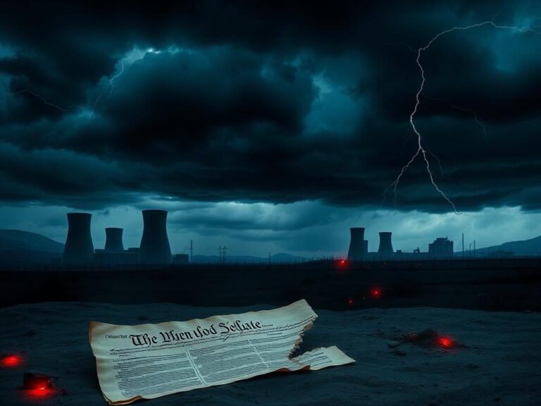 Flick International Dark stormy sky over silhouettes of nuclear facilities with a crumbling U.S. Constitution fragment