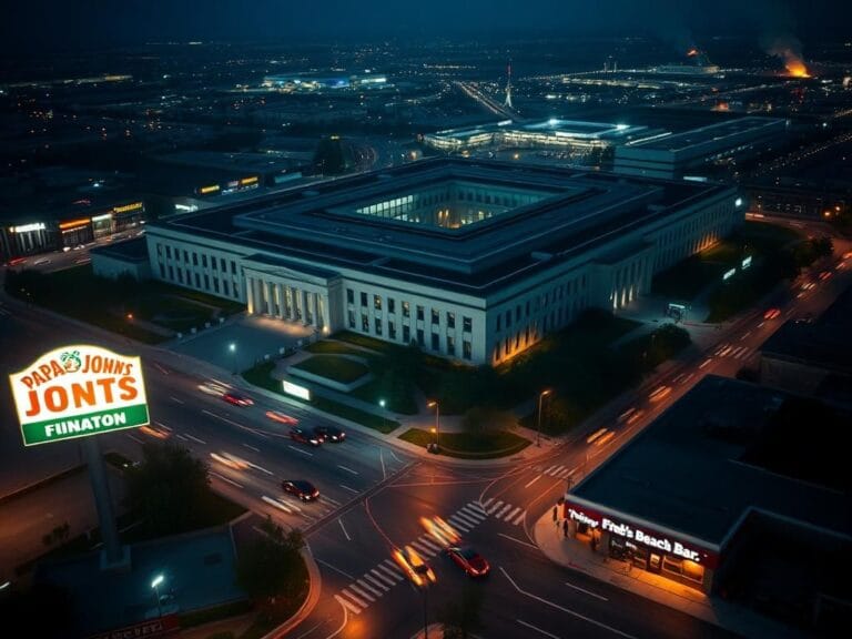 Flick International Aerial view of the Pentagon with busy traffic and a glowing Papa John's sign