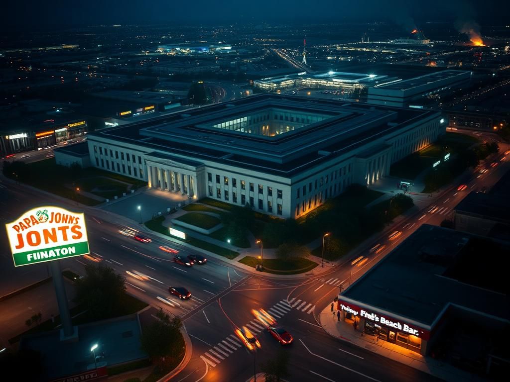 Flick International Aerial view of the Pentagon with busy traffic and a glowing Papa John's sign