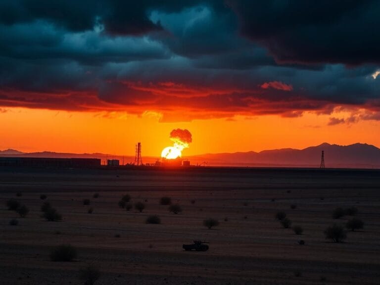 Flick International Dramatic landscape of an Iranian nuclear facility at sunset with storm clouds overhead