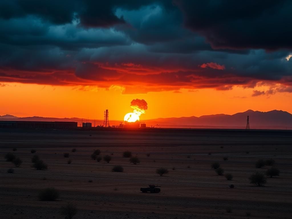 Flick International Dramatic landscape of an Iranian nuclear facility at sunset with storm clouds overhead
