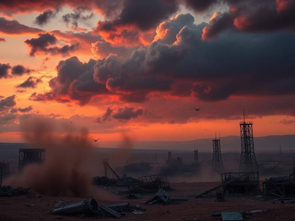 Flick International A dramatic landscape of a war-torn Middle Eastern scene at dusk with dark storm clouds and remnants of nuclear facilities