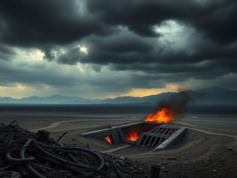 Flick International A desolate terrain showing the remnants of a military strike in Iran