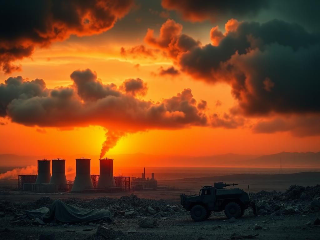 Flick International Dramatic landscape featuring the remnants of Iran's nuclear facilities with smoldering reactors and a fiery sunset.