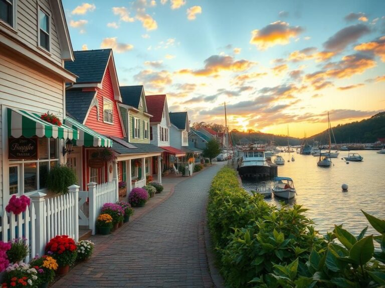 Flick International Charming small town scene with colorful clapboard houses and a tranquil waterfront