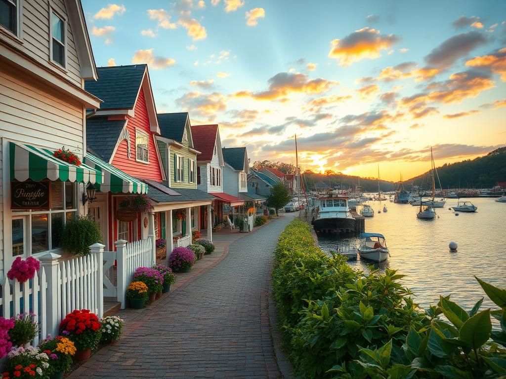 Flick International Charming small town scene with colorful clapboard houses and a tranquil waterfront