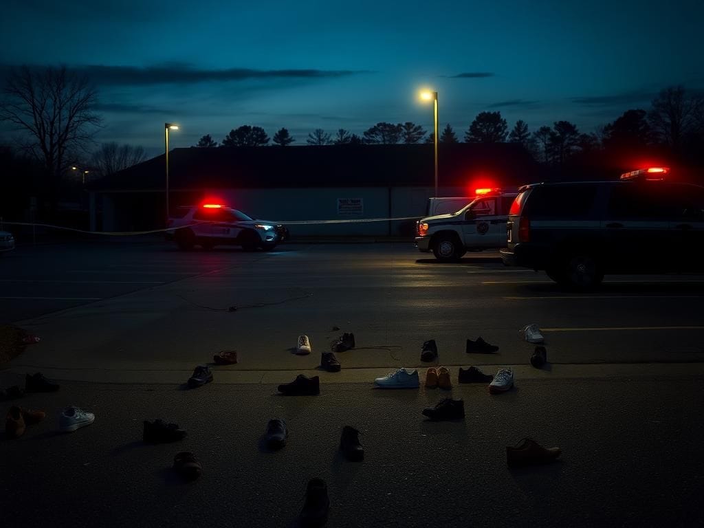 Flick International Dimly lit parking lot outside a Veterans of Foreign Wars post with scattered personal belongings after a tragic shooting incident
